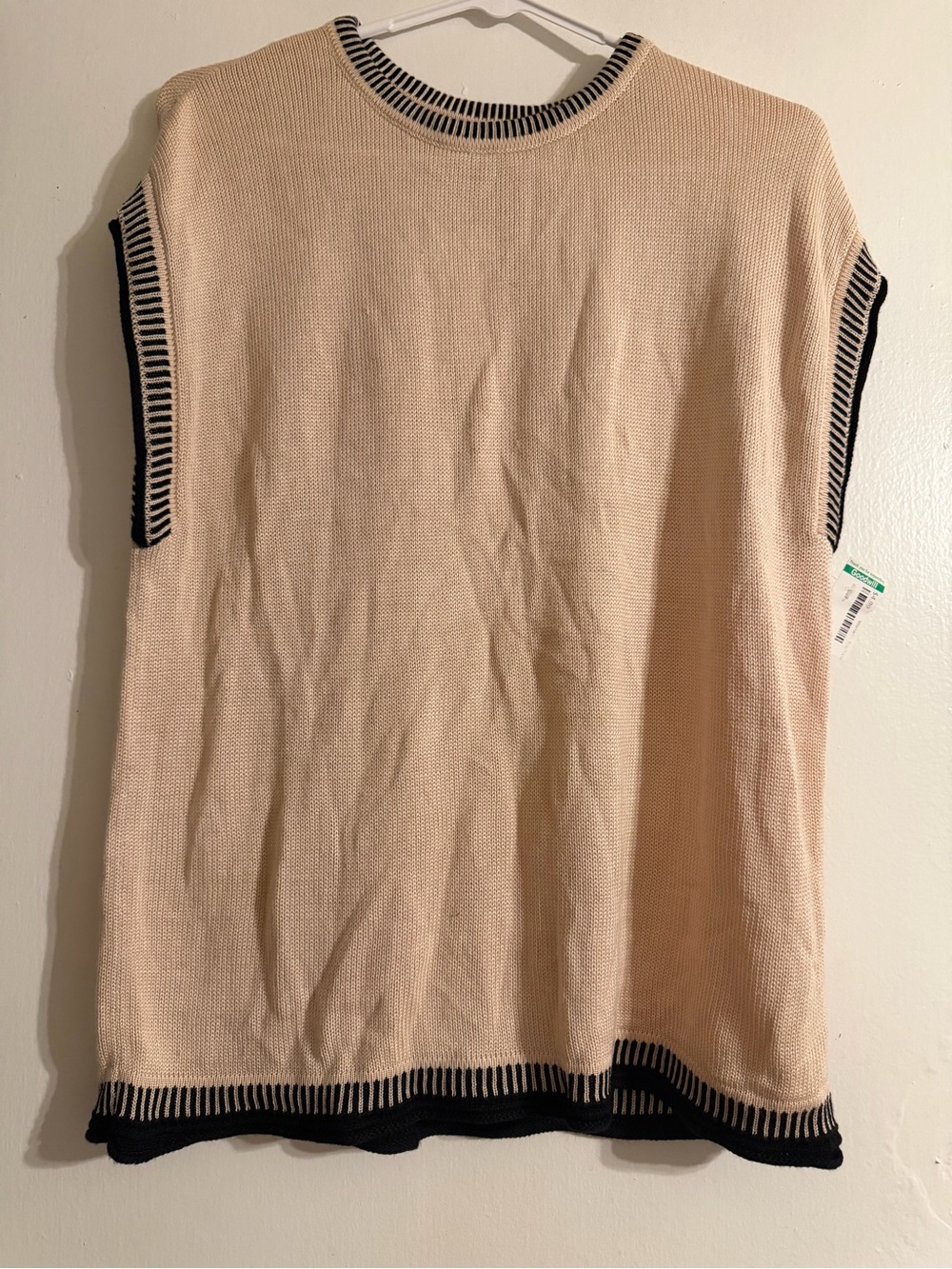 Women's Beige Knit Crewneck Sweater with Black Trim